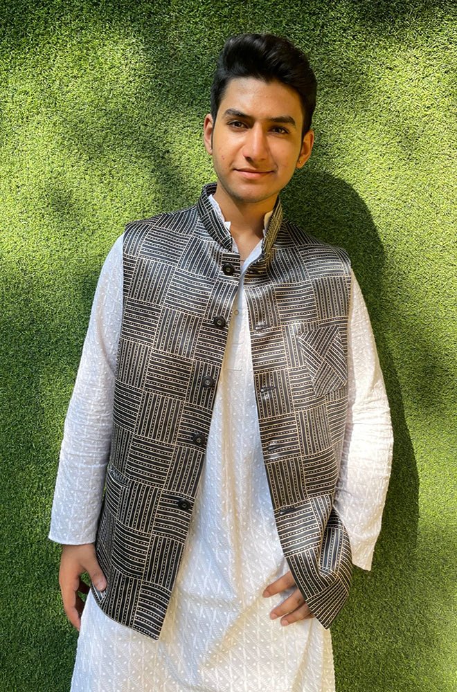 Grey Mashru Silk Nehru Jacket - Luxurion World