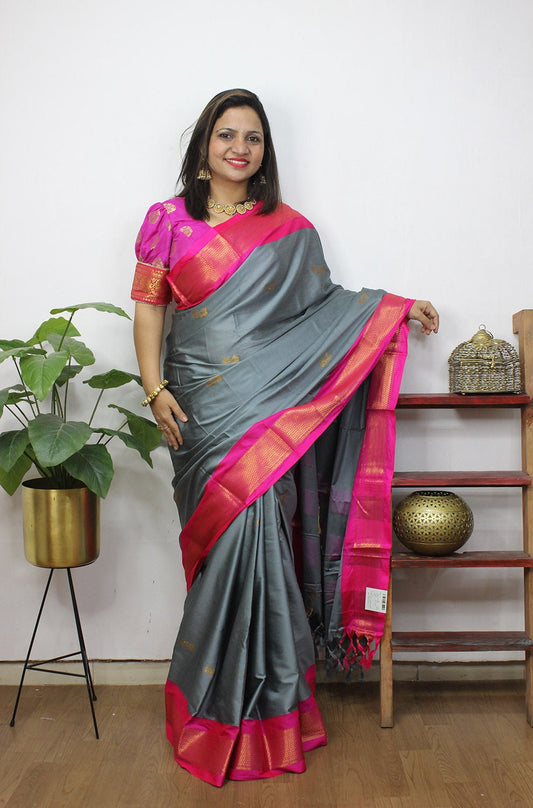 Grey Paithani Cotton Silk Saree - Luxurion World