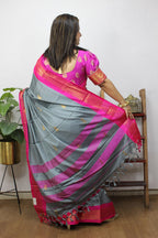 Grey Paithani Cotton Silk Saree - Luxurion World