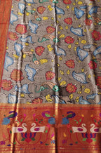 Grey Pen Kalamkari Paithani Pure Silk Muniya Border Dupatta - Luxurion World