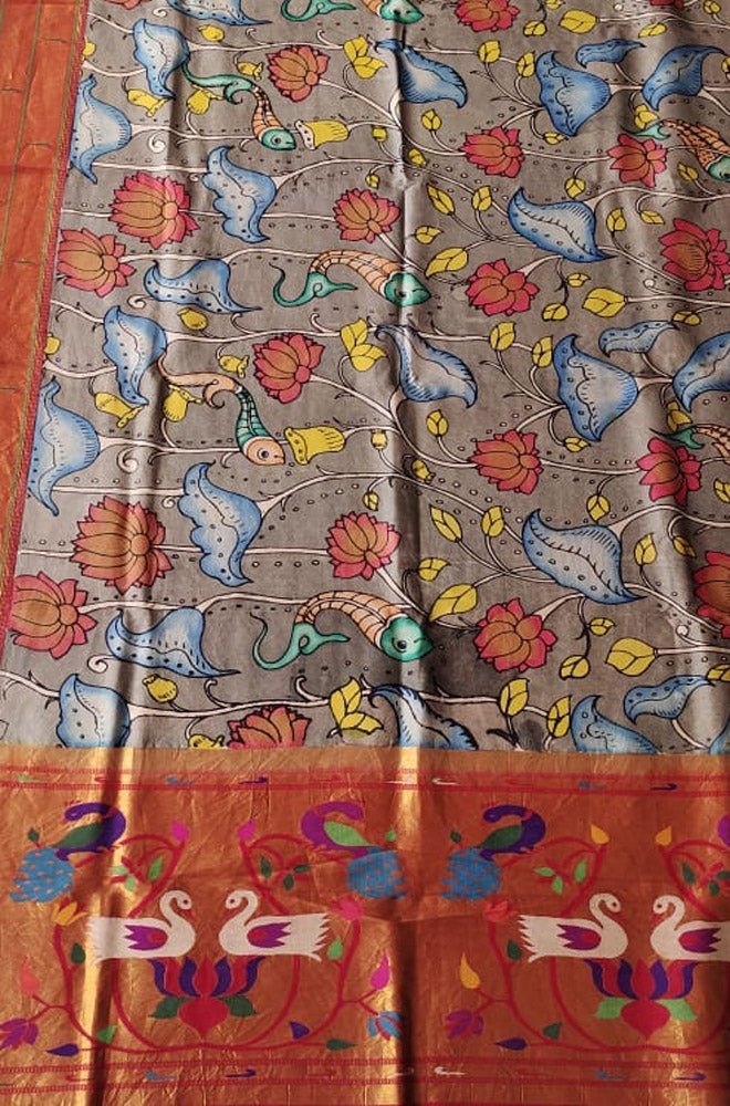 Grey Pen Kalamkari Paithani Pure Silk Muniya Border Dupatta - Luxurion World