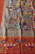 Grey Pen Kalamkari Paithani Pure Silk Muniya Border Dupatta - Luxurion World