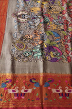 Grey Pen Kalamkari Paithani Pure Silk Muniya Border Dupatta - Luxurion World