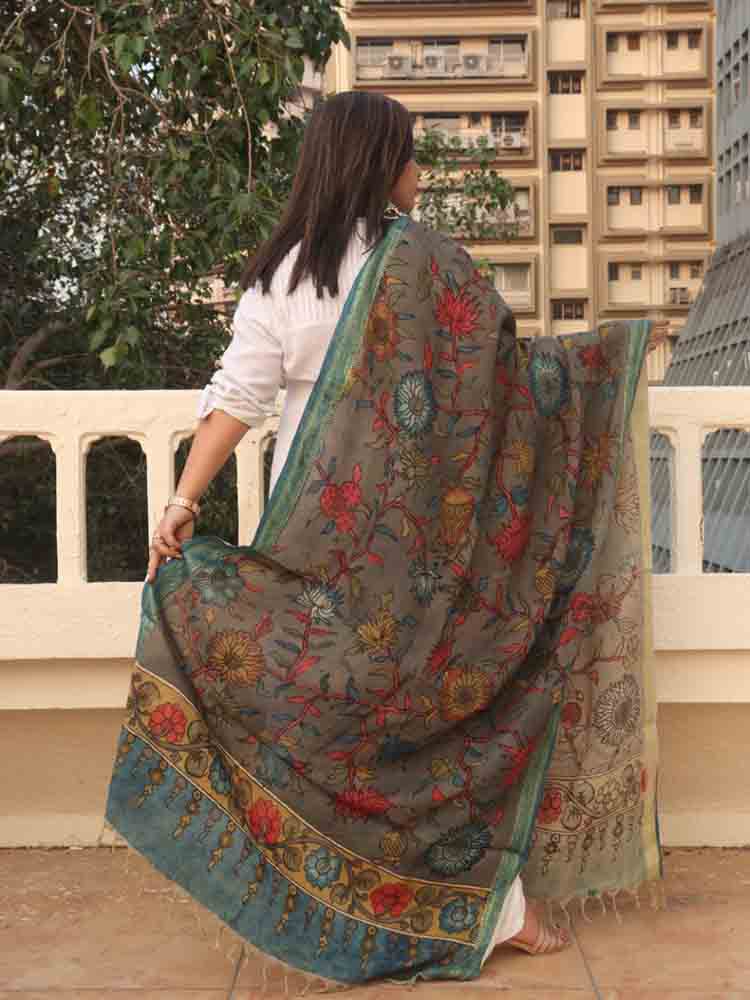 Grey Pen Kalamkari Pure Silk Dupatta - Luxurion World