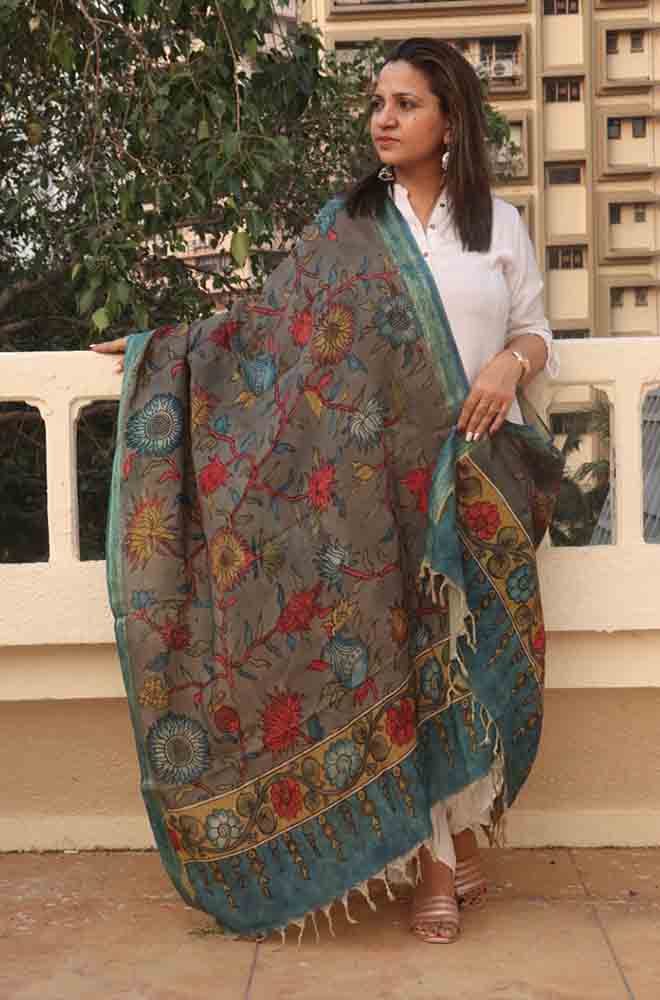 Grey Pen Kalamkari Pure Silk Dupatta - Luxurion World