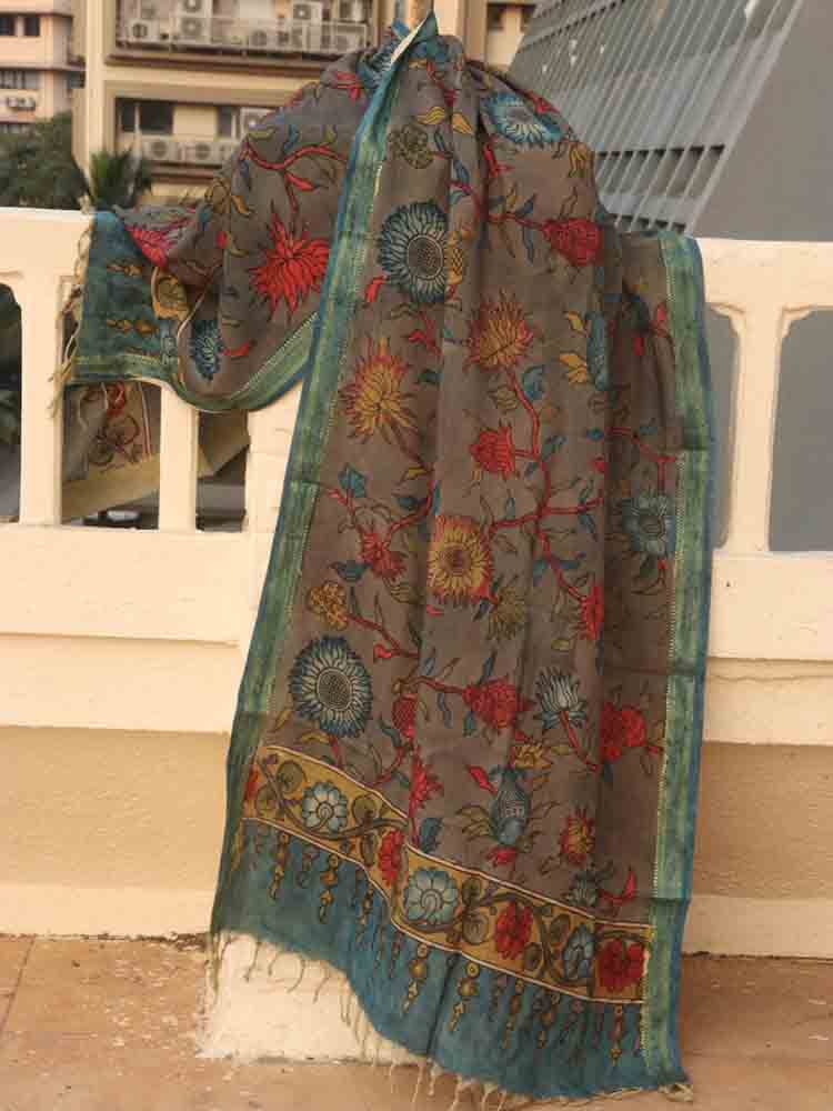 Grey Pen Kalamkari Pure Silk Dupatta - Luxurion World