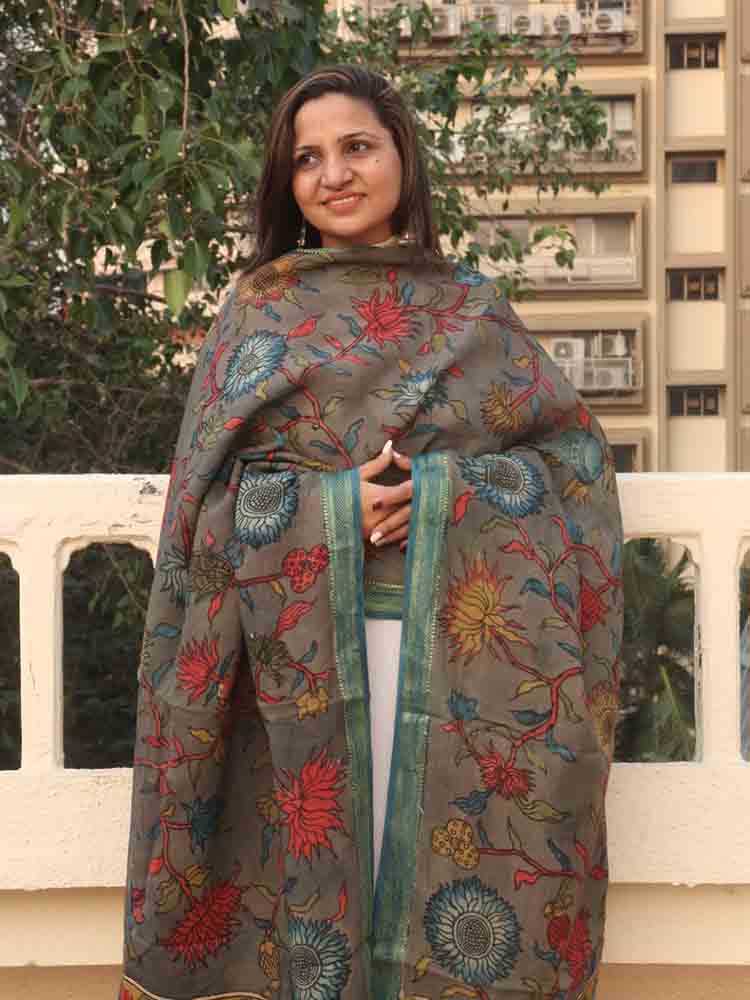 Grey Pen Kalamkari Pure Silk Dupatta - Luxurion World