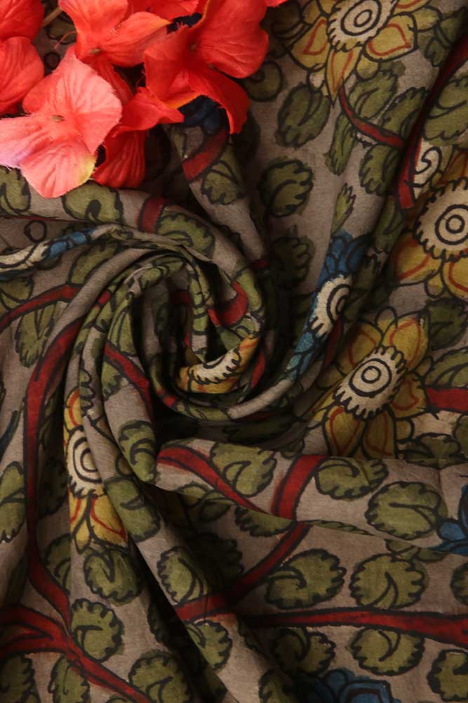Grey Pen Kalamkari Pure Silk Fabric ( 1 Mtr ) - Luxurion World