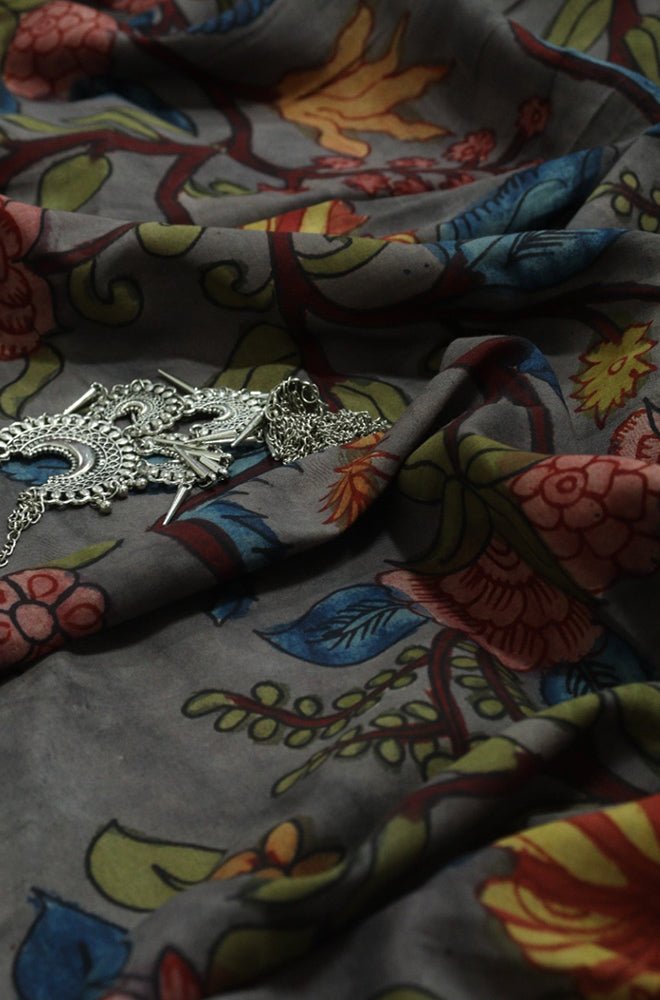 Grey Pen Kalamkari Pure Silk Fabric ( 1 Mtr ) - Luxurion World