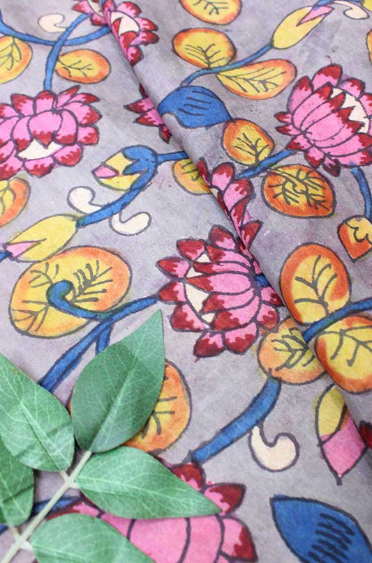 Grey Pen Kalamkari Pure Silk Fabric ( 1 Mtr ) - Luxurion World