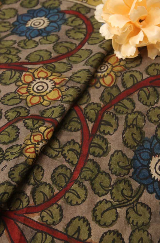 Grey Pen Kalamkari Pure Silk Fabric ( 1 Mtr ) - Luxurion World
