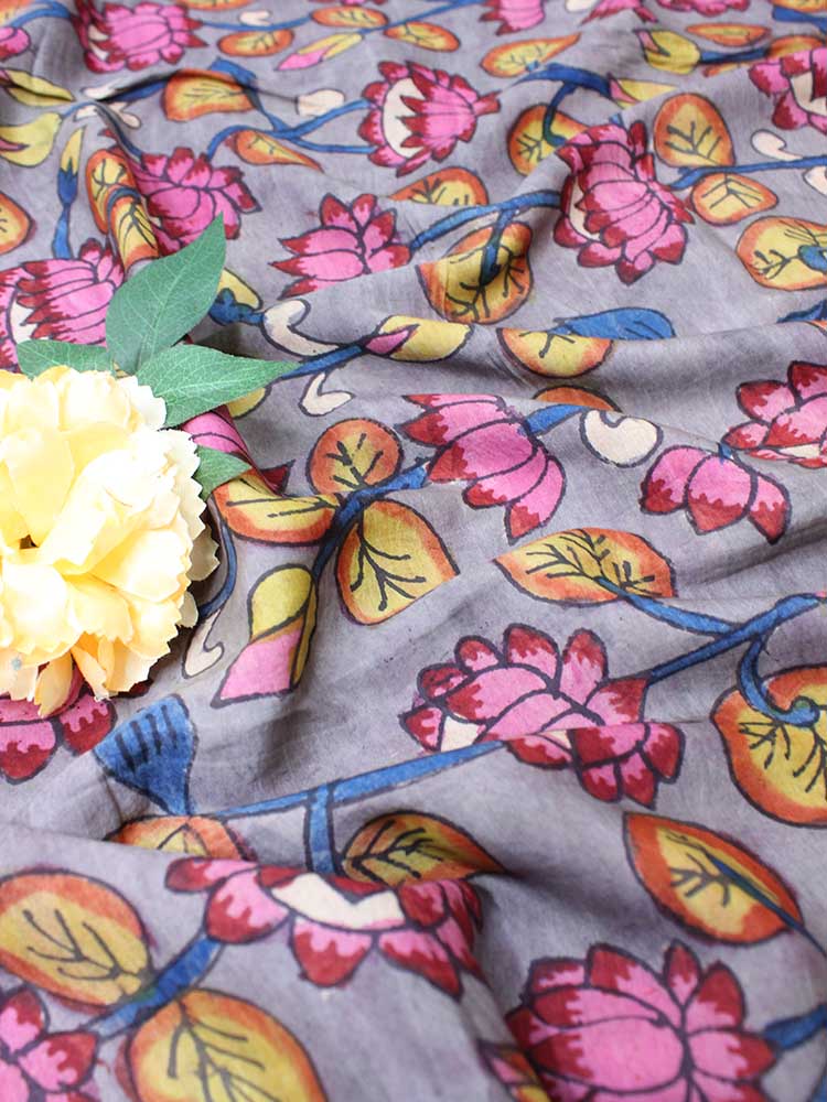 Grey Pen Kalamkari Pure Silk Fabric ( 1 Mtr ) - Luxurion World
