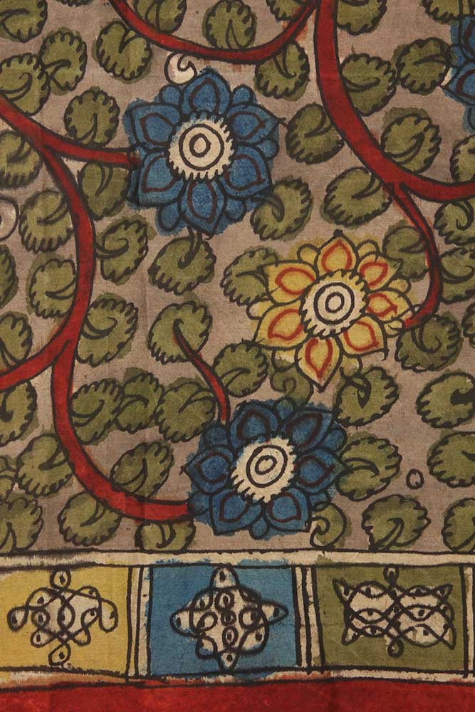 Grey Pen Kalamkari Pure Silk Fabric ( 1 Mtr ) - Luxurion World