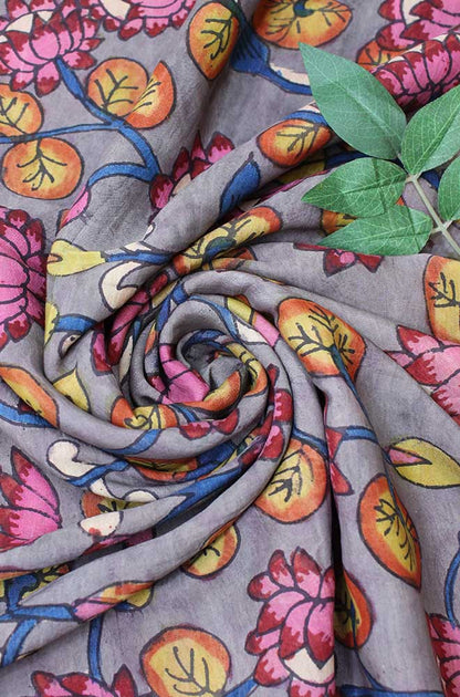 Grey Pen Kalamkari Pure Silk Fabric ( 1 Mtr ) - Luxurion World