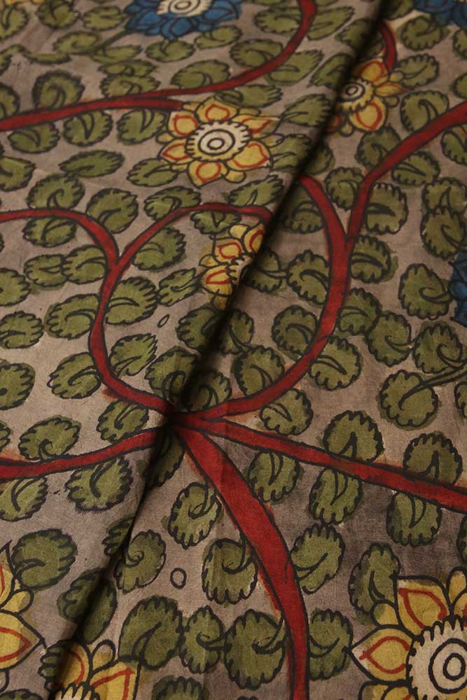 Grey Pen Kalamkari Pure Silk Fabric ( 1 Mtr ) - Luxurion World
