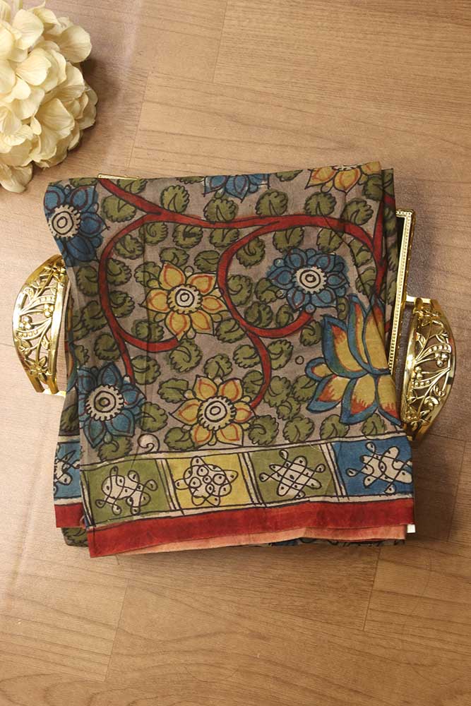 Grey Pen Kalamkari Pure Silk Fabric ( 1 Mtr ) - Luxurion World