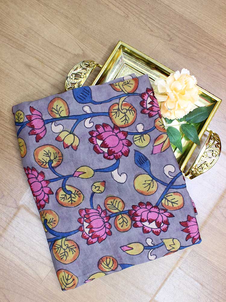 Grey Pen Kalamkari Pure Silk Fabric ( 1 Mtr ) - Luxurion World