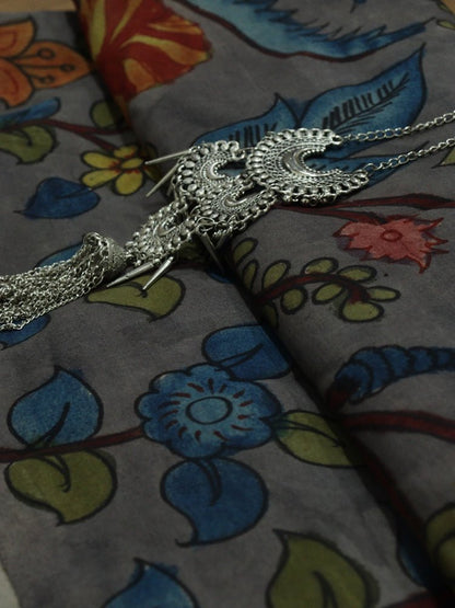 Grey Pen Kalamkari Pure Silk Fabric ( 1 Mtr ) - Luxurion World