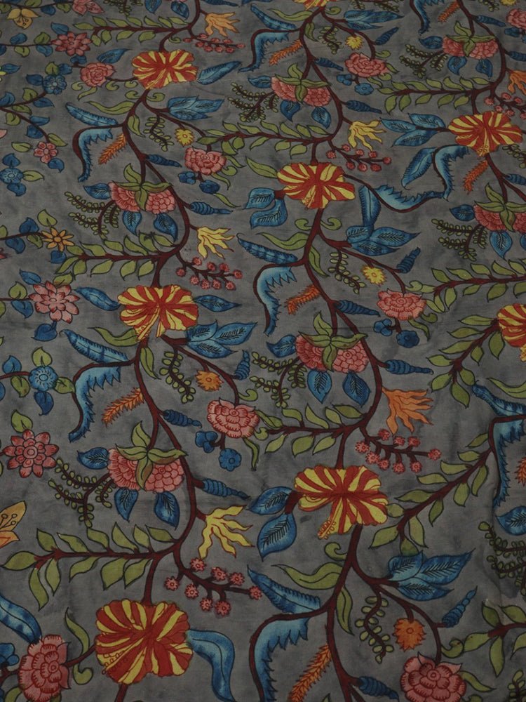 Grey Pen Kalamkari Pure Silk Fabric ( 1 Mtr ) - Luxurion World