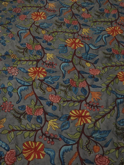 Grey Pen Kalamkari Pure Silk Fabric ( 1 Mtr ) - Luxurion World