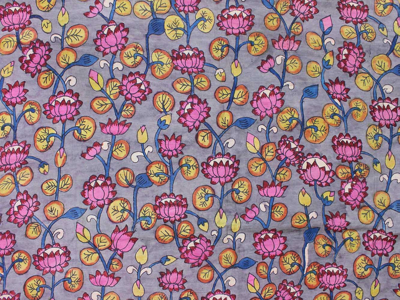 Grey Pen Kalamkari Pure Silk Fabric ( 1 Mtr ) - Luxurion World