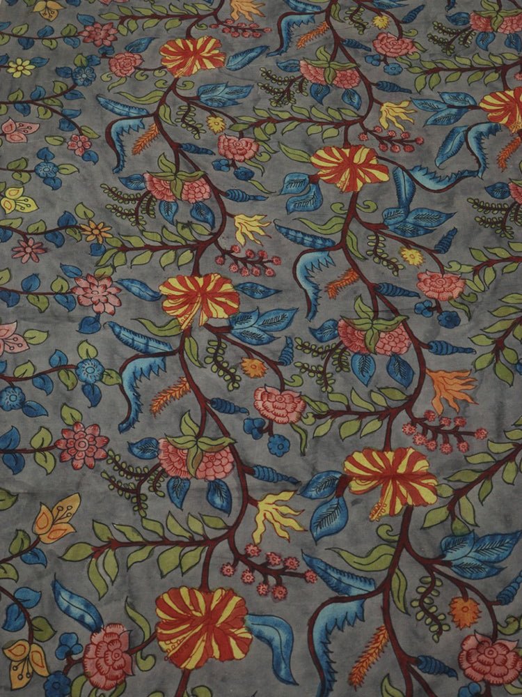Grey Pen Kalamkari Pure Silk Fabric ( 1 Mtr ) - Luxurion World