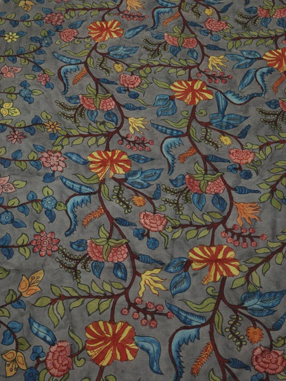 Grey Pen Kalamkari Pure Silk Fabric ( 1 Mtr ) - Luxurion World