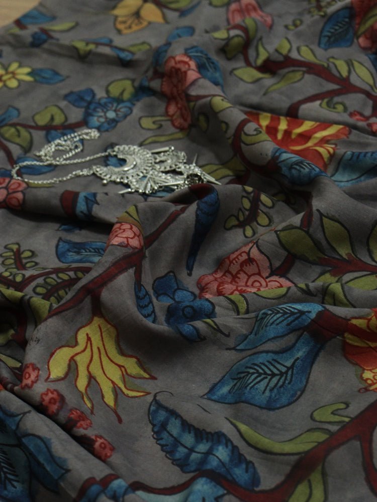 Grey Pen Kalamkari Pure Silk Fabric ( 1 Mtr ) - Luxurion World
