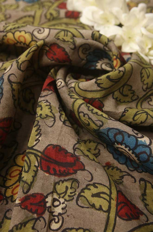 Grey Pen Kalamkari Pure Silk Fabric ( 1 Mtr ) - Luxurion World