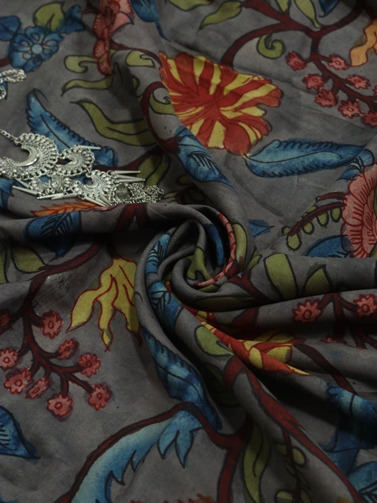 Grey Pen Kalamkari Pure Silk Fabric ( 1 Mtr ) - Luxurion World