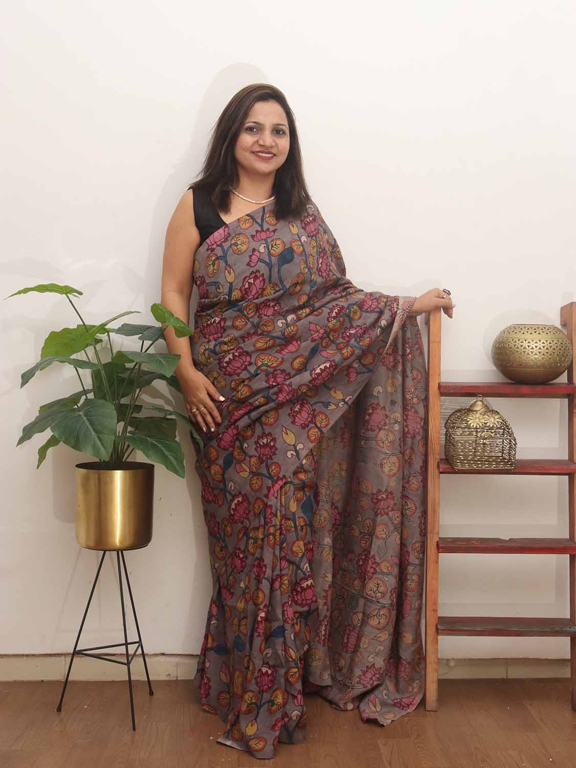 Grey Pen Kalamkari Pure Silk Saree - Luxurion World
