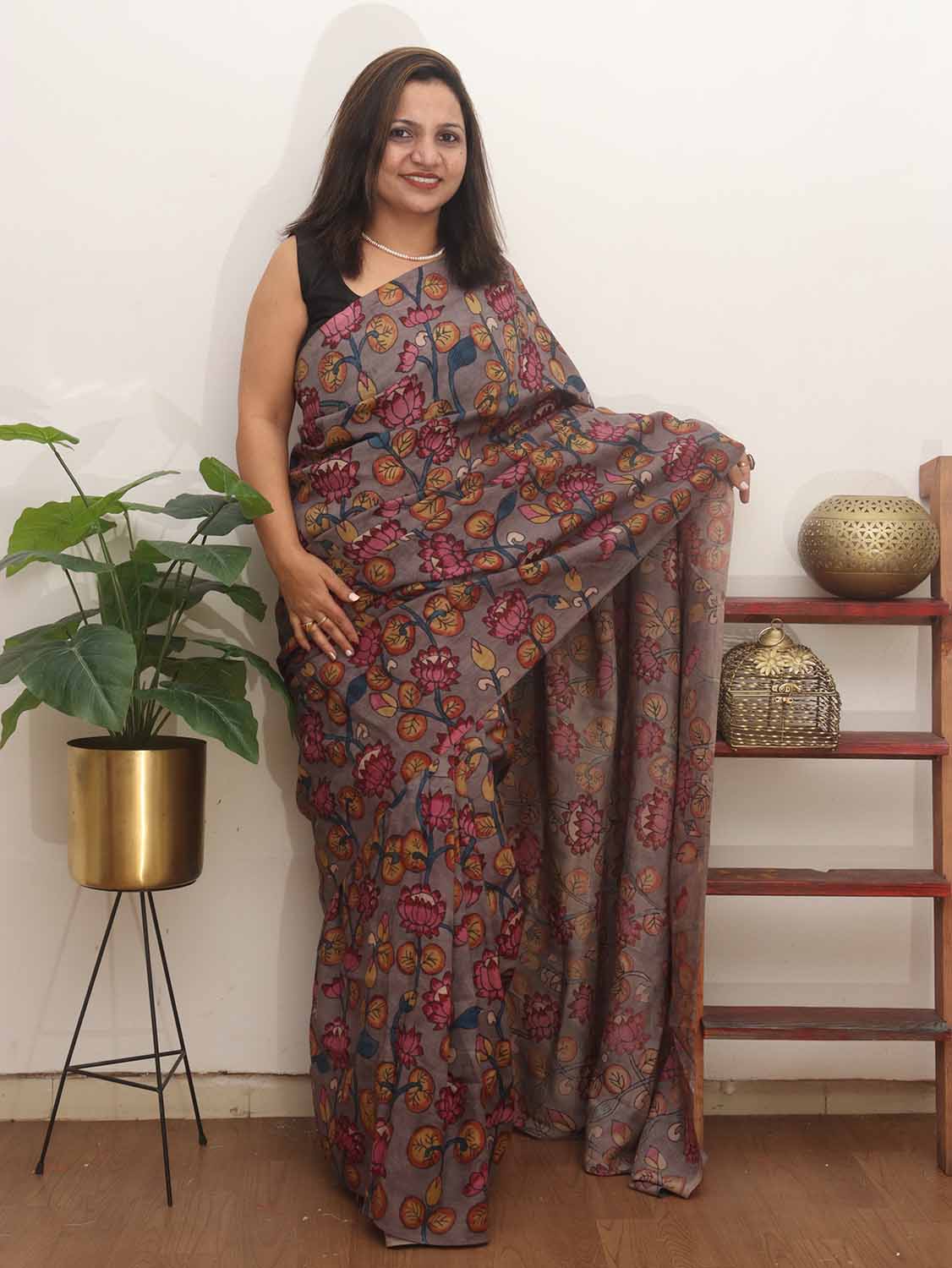 Grey Pen Kalamkari Pure Silk Saree - Luxurion World
