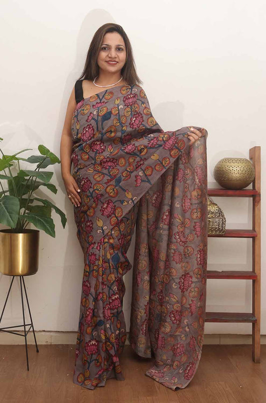 Grey Pen Kalamkari Pure Silk Saree - Luxurion World