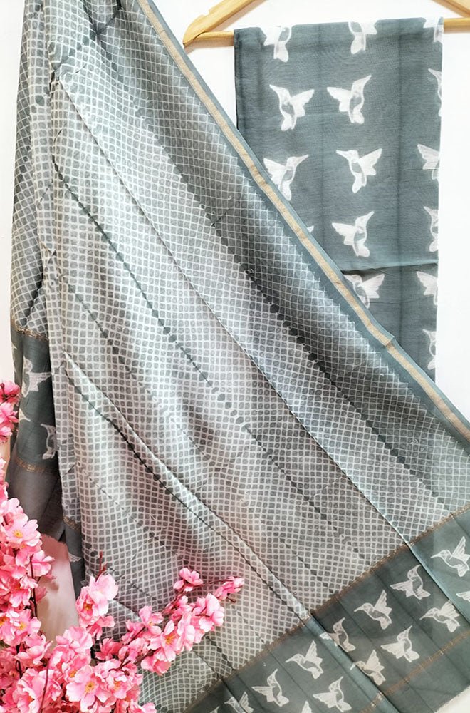 Grey Shibori Cotton Silk Two Piece Unstitched Suit Set - Luxurion World