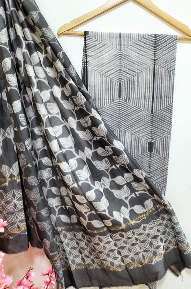 Grey Shibori Cotton Silk Two Piece Unstitched Suit Set - Luxurion World