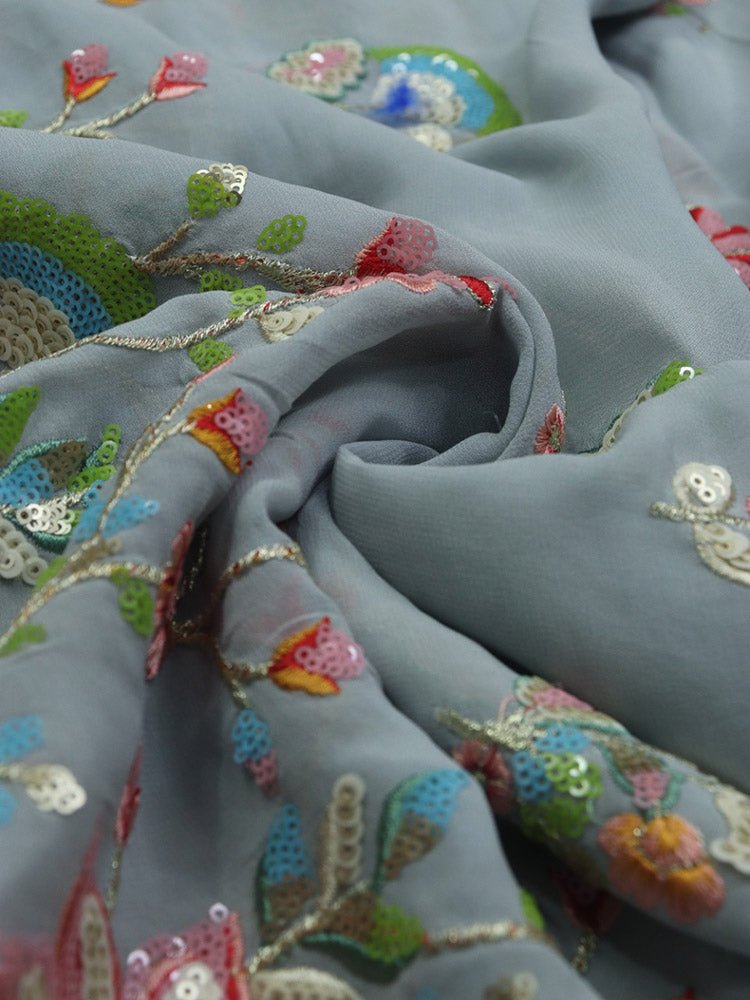 Grey Trendy Georgette Sequence Work Fabric ( 1 Mtr ) - Luxurion World