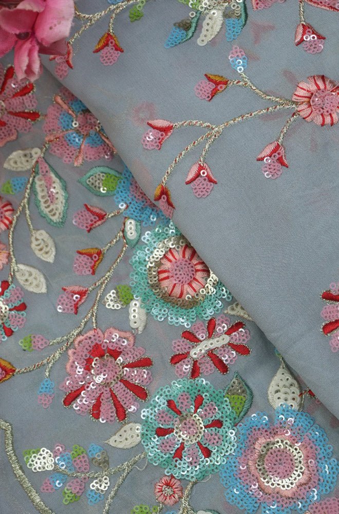 Grey Trendy Georgette Sequence Work Fabric ( 1 Mtr ) - Luxurion World