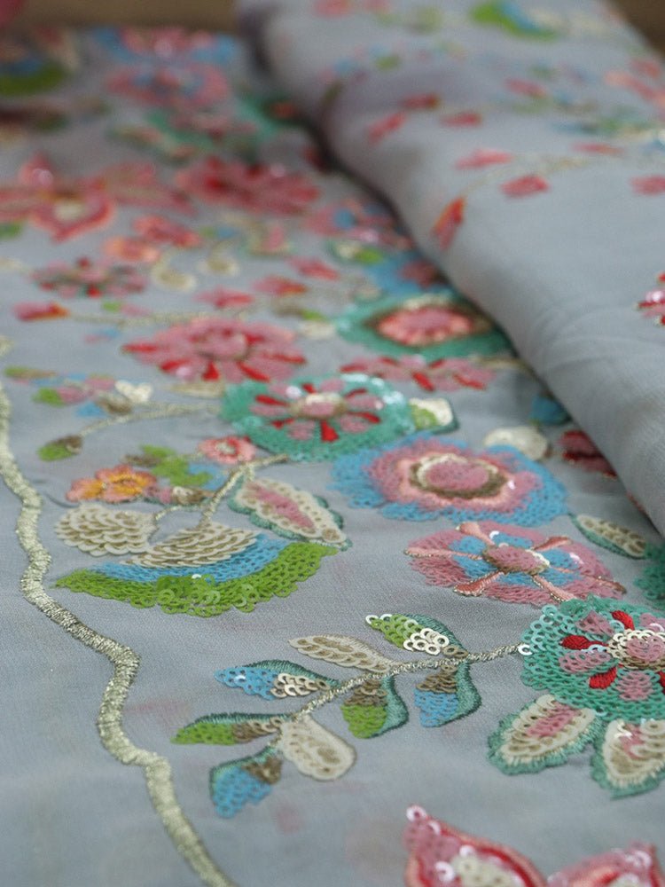 Grey Trendy Georgette Sequence Work Fabric ( 1 Mtr ) - Luxurion World