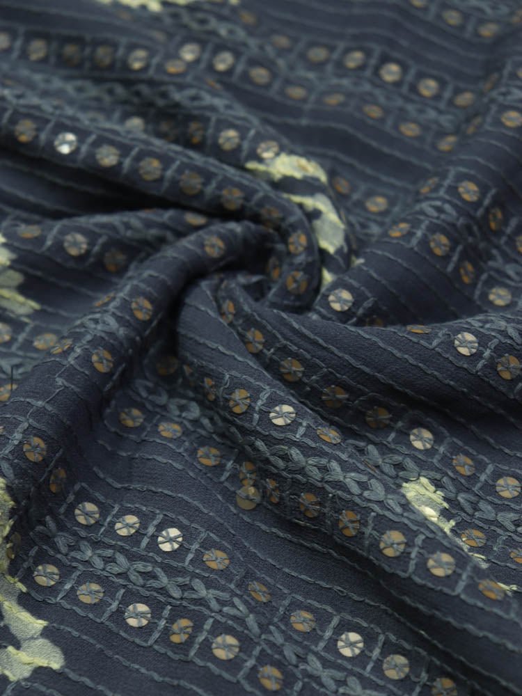 Grey Trendy Sequins Work Batik Printed Georgette Fabric ( 1 Mtr ) - Luxurion World