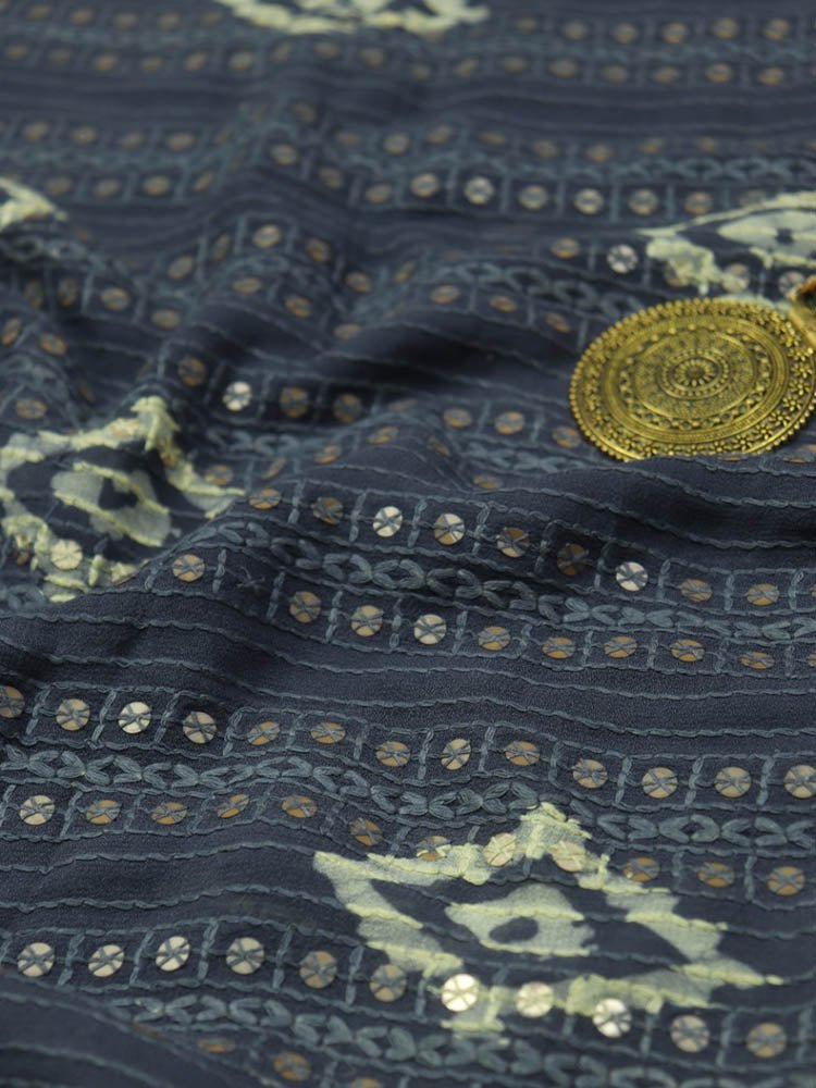 Grey Trendy Sequins Work Batik Printed Georgette Fabric ( 1 Mtr )