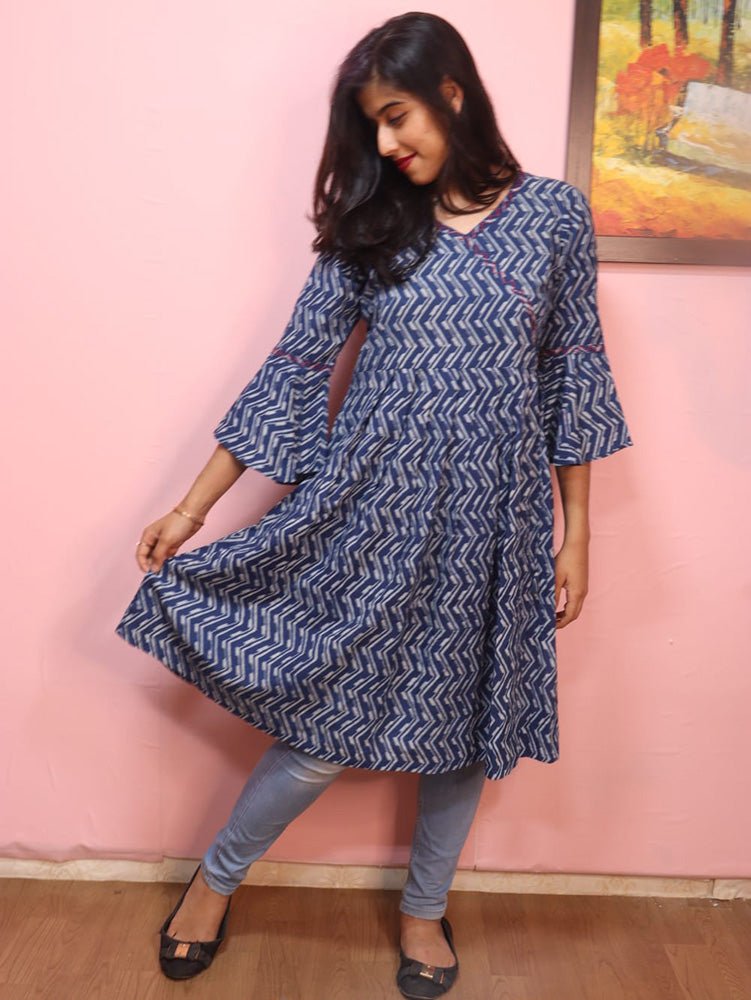 Indigo Cotton Angrakha Style Stitched Kurta - Luxurion World