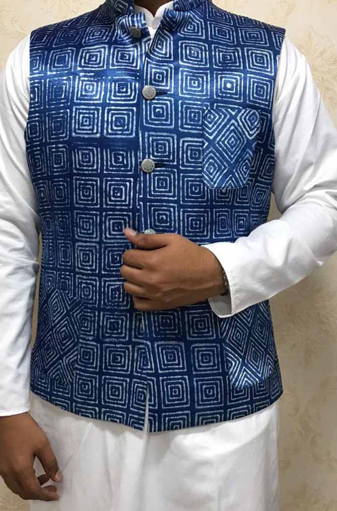 Indigo Mashru Silk Nehru Jacket - Luxurion World