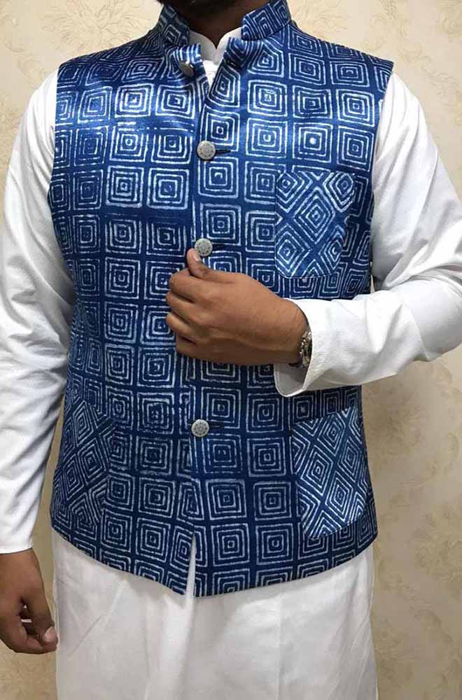 Indigo Mashru Silk Nehru Jacket Luxurionworld
