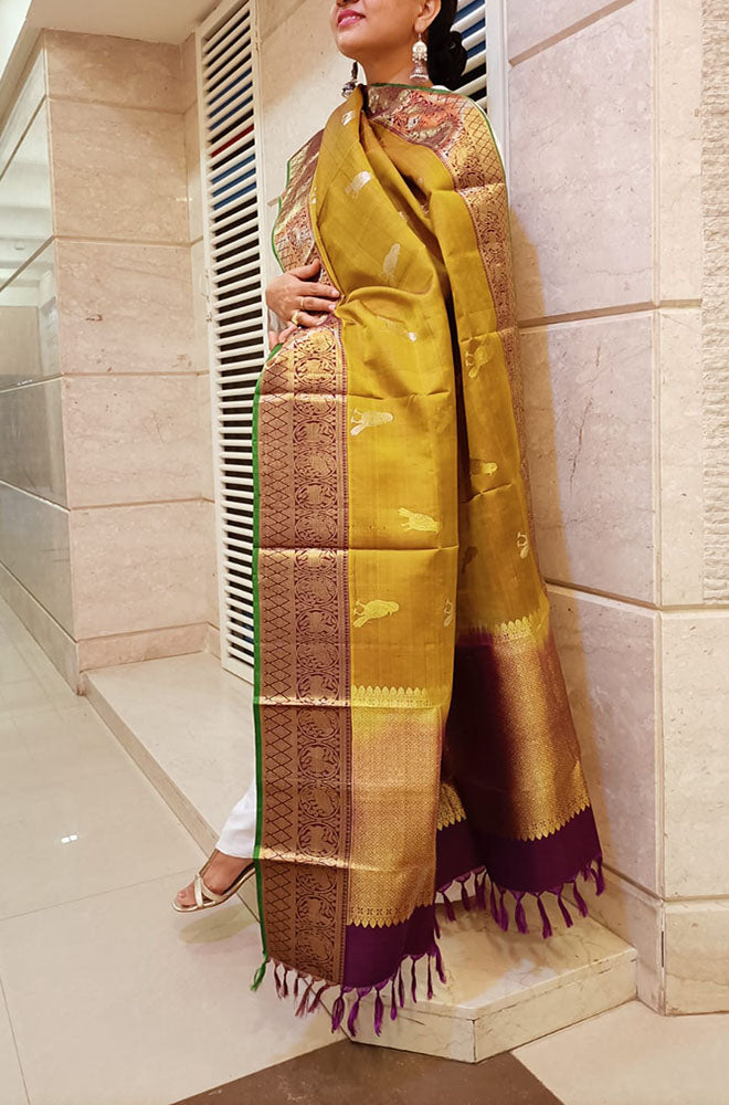 Yellow Handloom Kanjeevaram Pure Silk Dupatta - Luxurion World