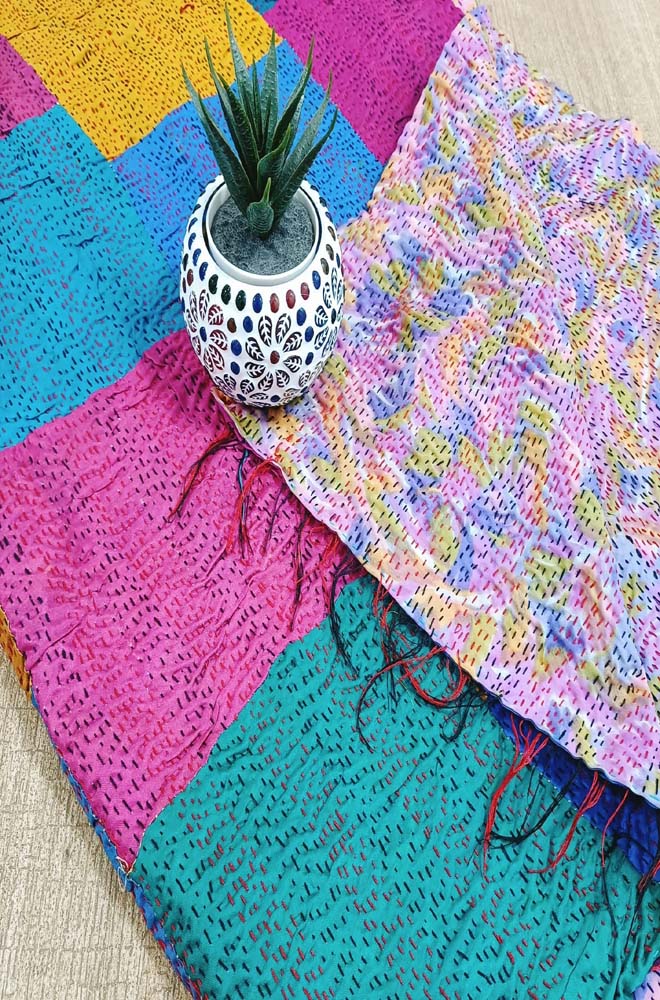 Multicolor Hand Embroidered Kantha Silk Reversible Dupatta - Luxurion World