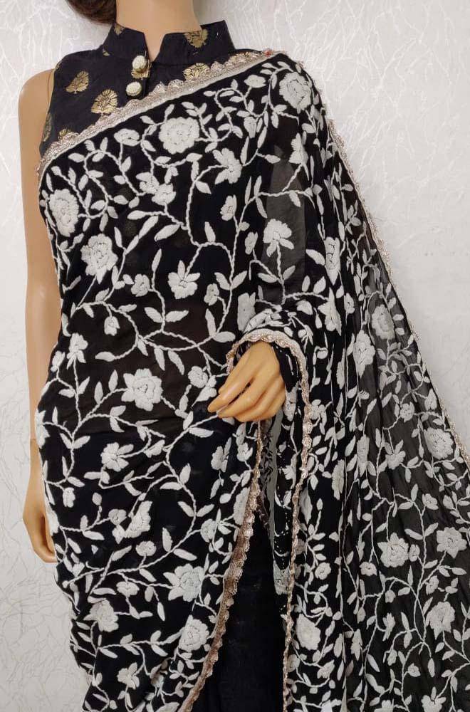Black Hand Embroidered Half and Half Phulkari Georgette Saree - Luxurion World