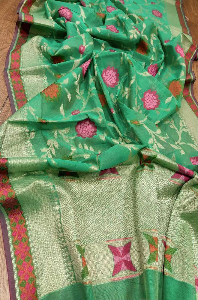 Green Banarasi Cotton Silk Meenakari Dupatta