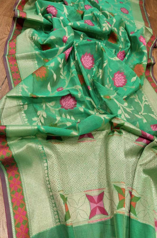 Green Banarasi Cotton Silk Meenakari Dupatta - Luxurion World