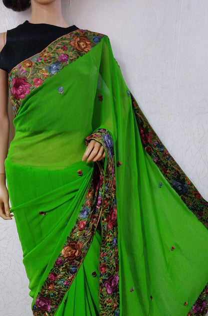 Green Hand Embroidered Pure Georgette Parsi Gara Saree