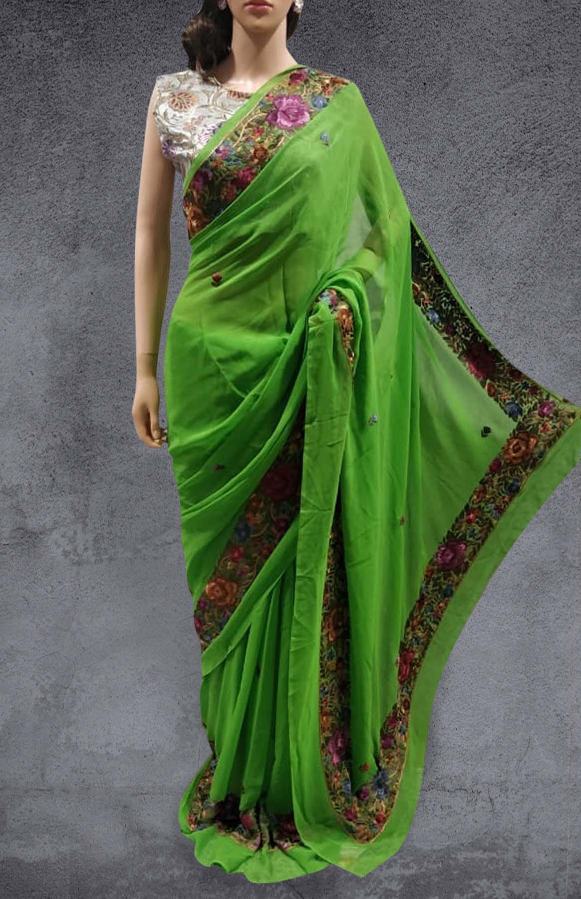 Green Hand Embroidered Pure Georgette Parsi Gara Saree - Luxurion World